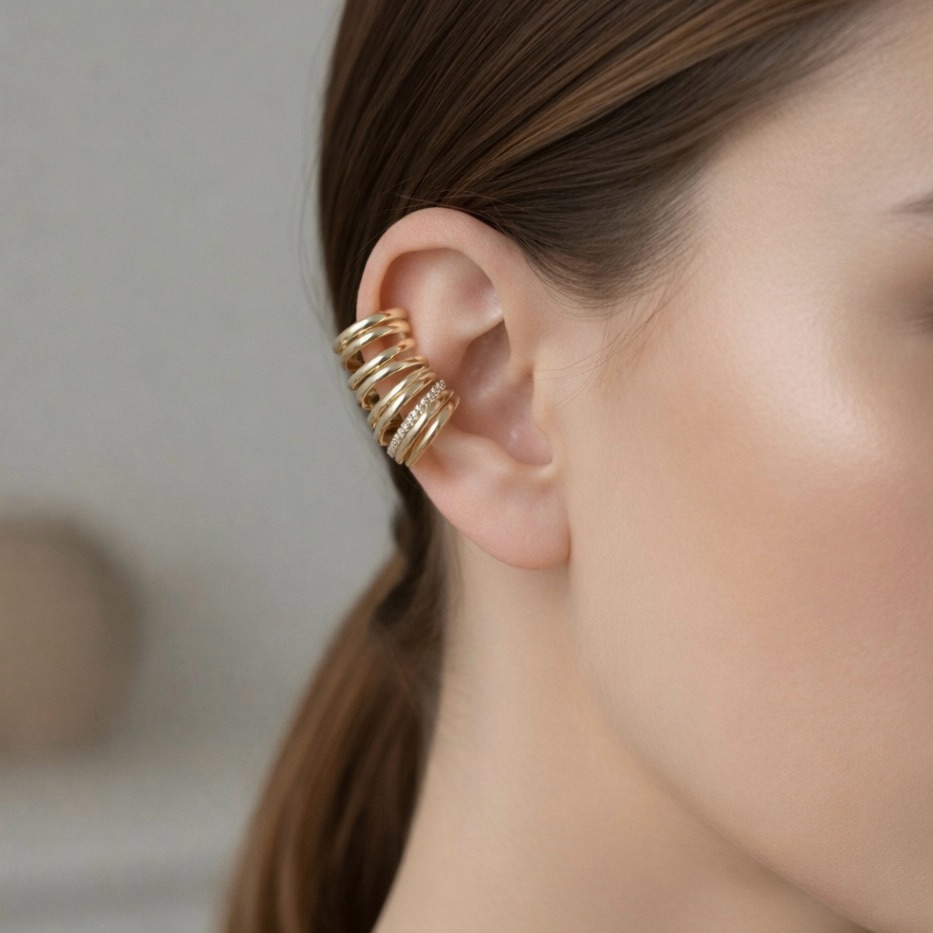 Multi-Layer Spiral Ear Cuff W/ Zircon Stones | 14k Gold Plated | Luxury Jewelry